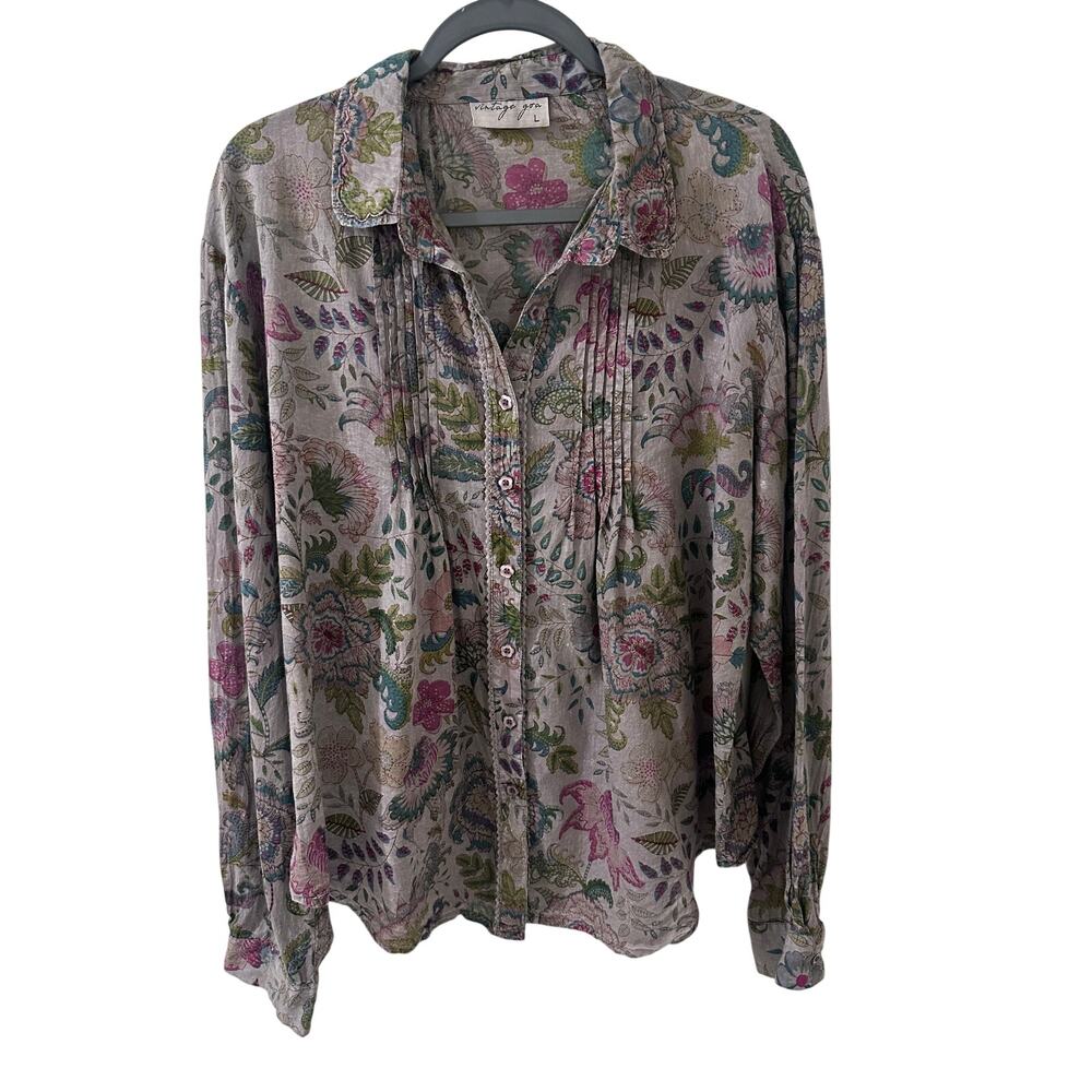 Vintage Goa LG Boho Floral Paisley Pintuck Pleated Button Down Cotton Blouse Top